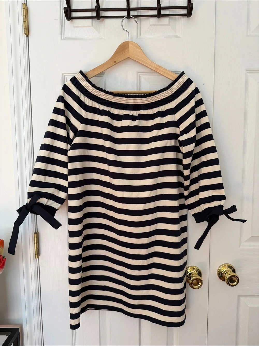J.Crew Striped Off-Shoulder Tie-Sleeve Shift Dress | Navy Cream | Size S